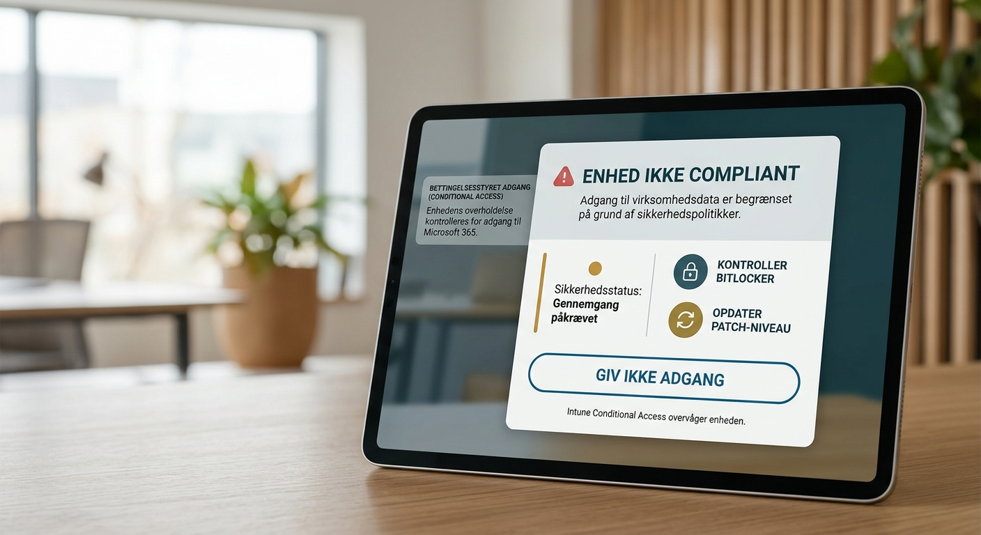 Tablet i kiosk-mode på klinik, låst til enkelt journalapp