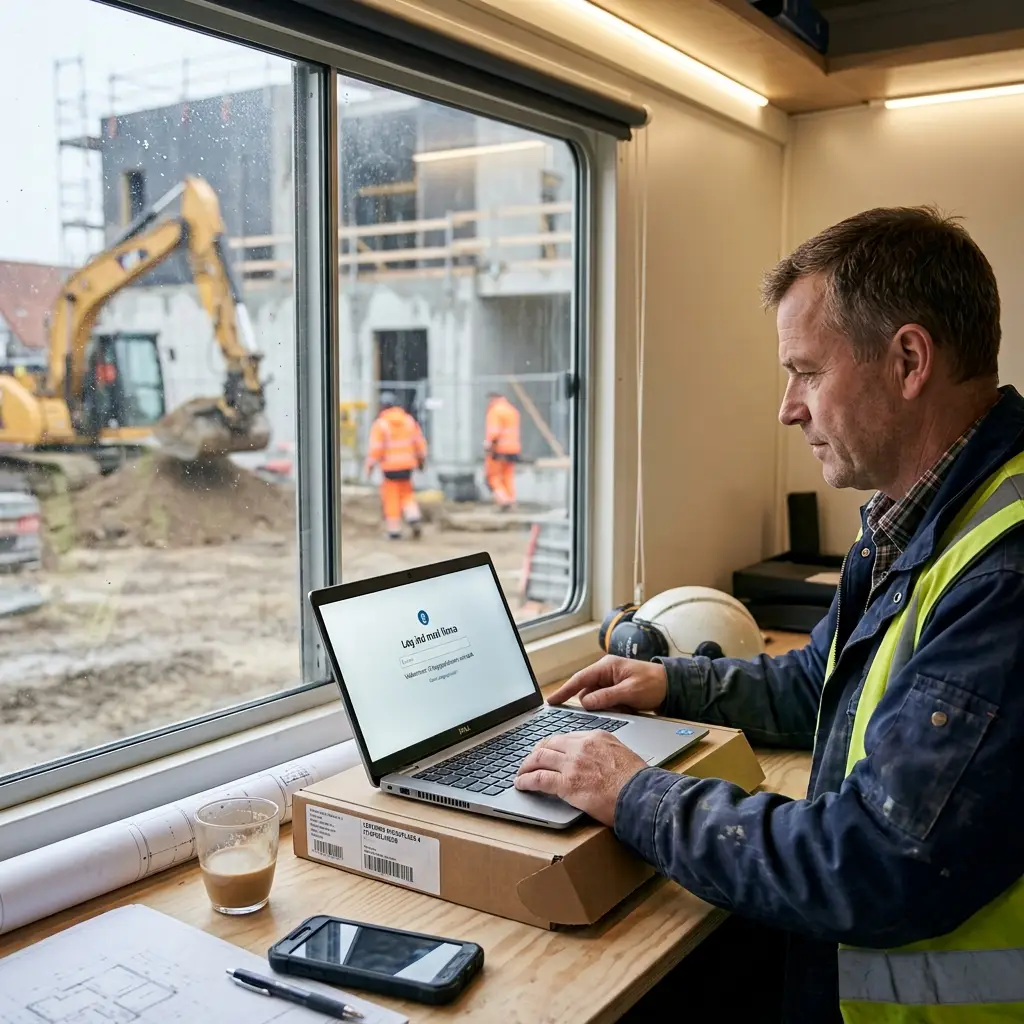 Byggeleder med laptop på byggeplads styrer zero-touch management