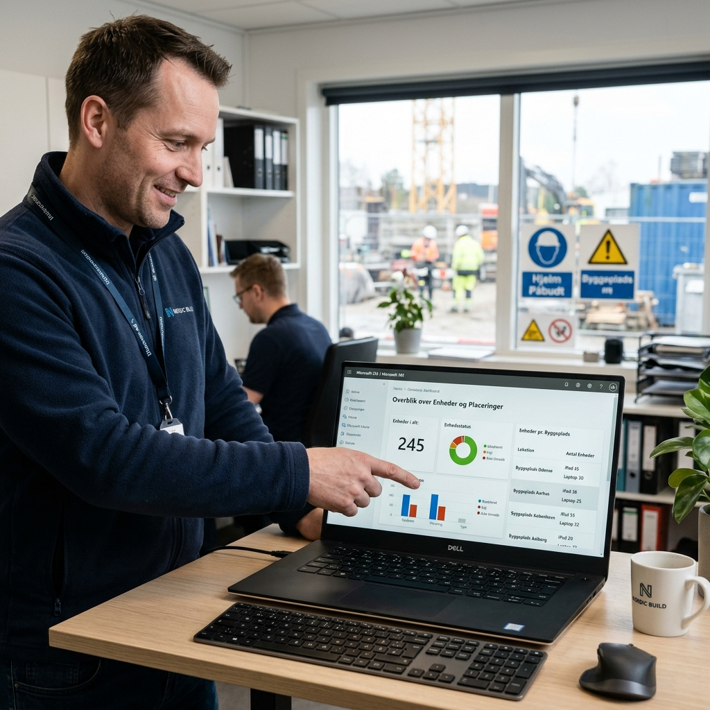 Oversigt over Microsoft Intune enhedshåndtering vist på skærm med enheder på flere byggepladser