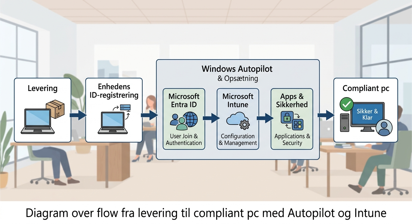 Diagram over Windows Autopilot-flow fra levering til compliant pc via Intune og Entra ID