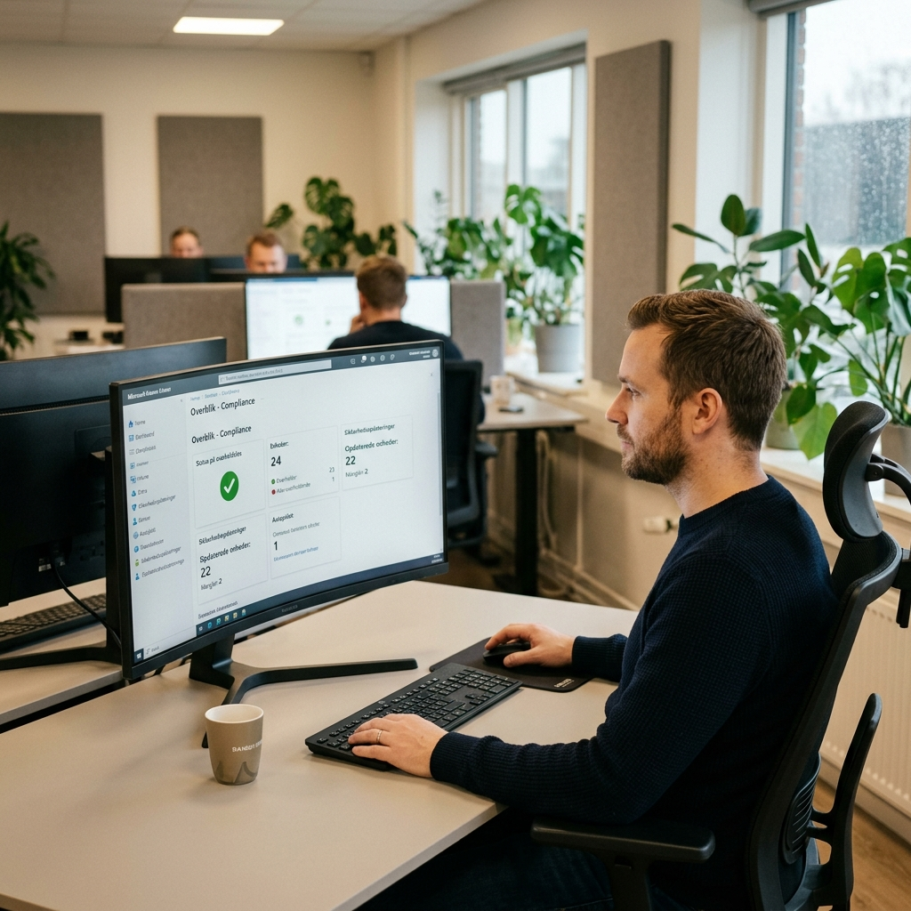 IT-ansvarlig ser Intune-dashboard med compliance-status på firmaets pc'er