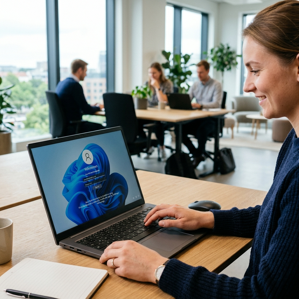 Medarbejder logger ind på ny firma-pc på første arbejdsdag uden hjælp fra IT