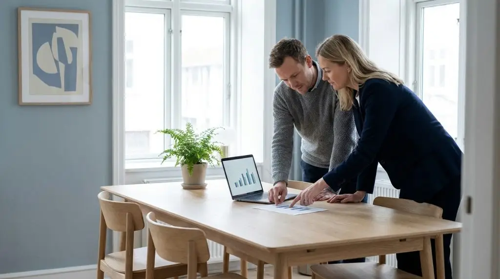 To medarbejdere gennemgår en IT-serviceaftale ved et mødebord i et lyst kontor