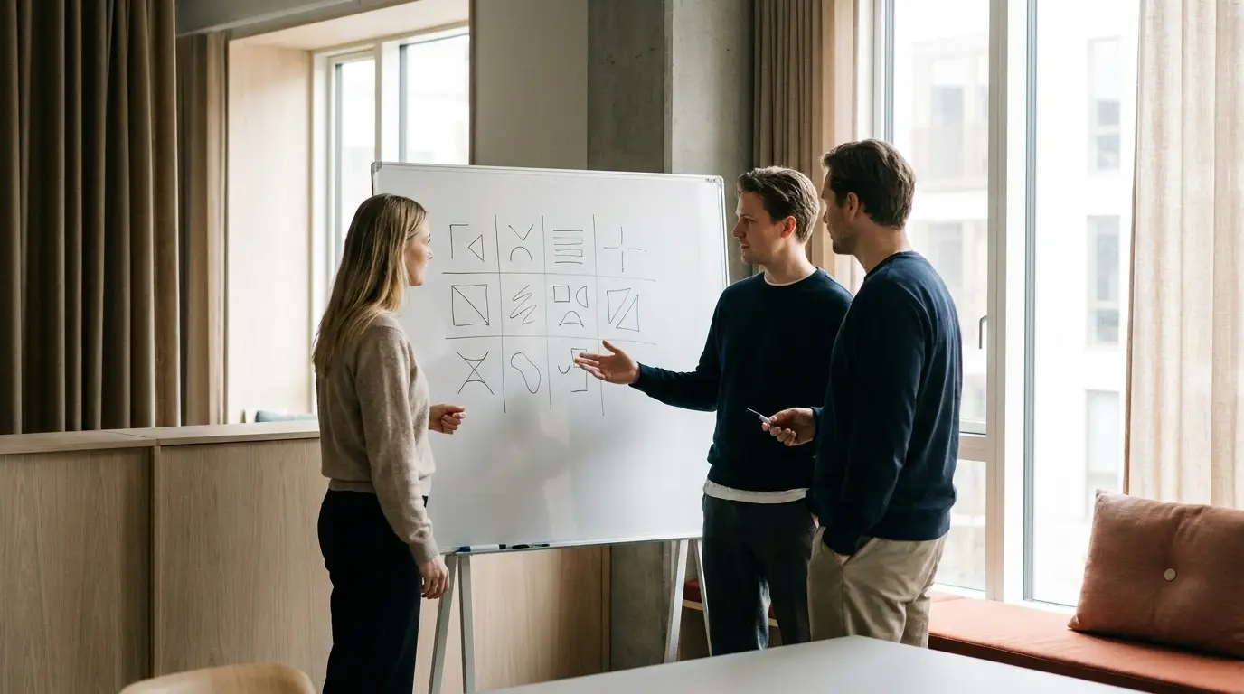 Team diskuterer ansvarsmatrix for hybrid IT-model mellem interne medarbejdere og MSP