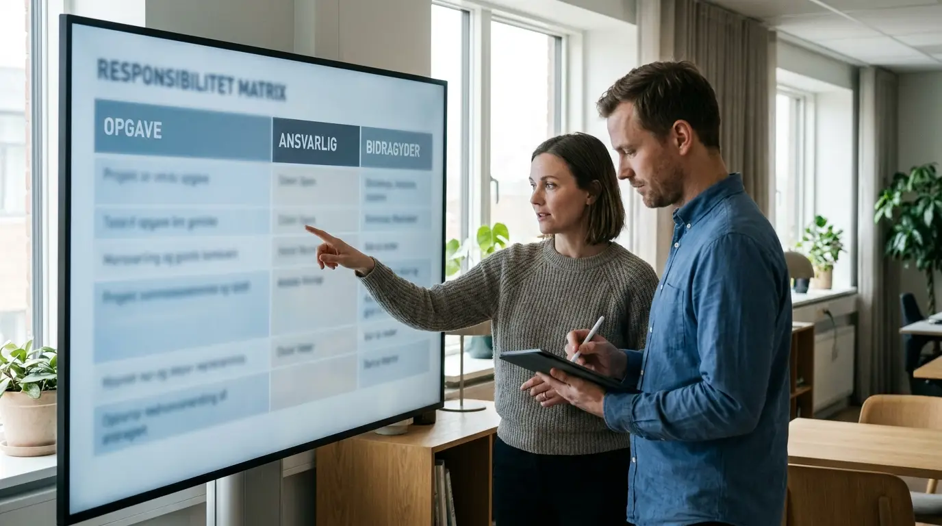 Ansvarsmatrix for managed service provider og IT-leverandør gennemgås af to kolleger på kontor