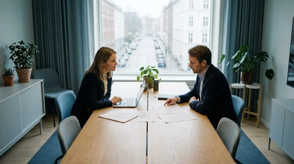 To kolleger drøfter beslutningsramme for intern IT-afdeling eller managed IT services i et nordisk kontormiljø