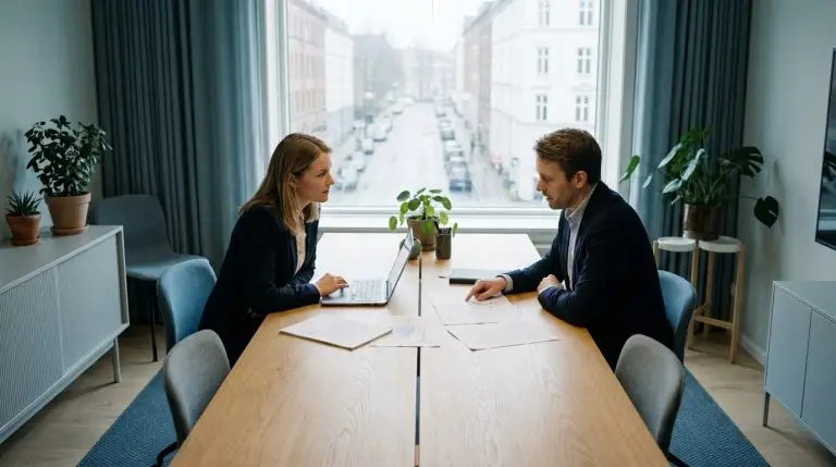 To kolleger drøfter beslutningsramme for intern IT-afdeling eller managed IT services i et nordisk kontormiljø