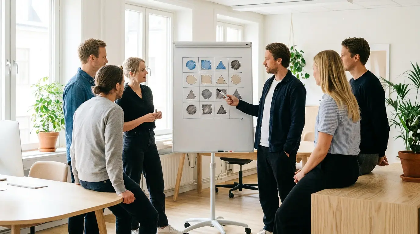 Team diskuterer beslutningsmatrix for aftaletype og virksomhedsprofil ved valg af IT serviceaftale