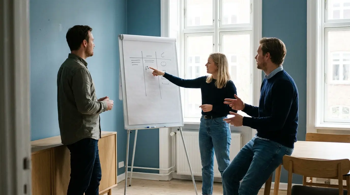 Team drøfter en beslutningsmatrix for valg af IT helpdesk-løsning efter virksomhedsstørrelse