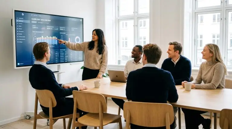 Professionelle diskuterer cloud-løsninger i et moderne kontormiljø.