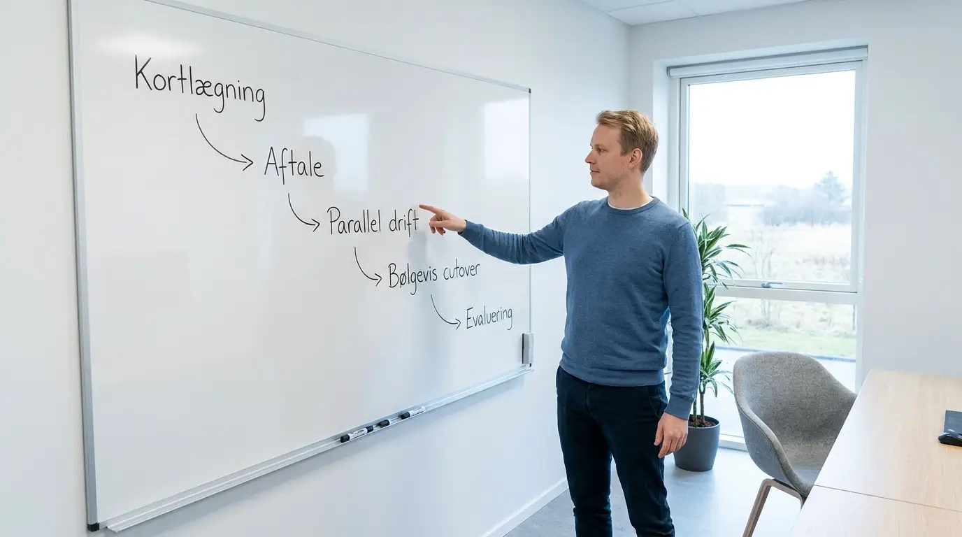 Whiteboard med fem trin i drejebogen for skift af it-leverandør fra kortlægning til cutover