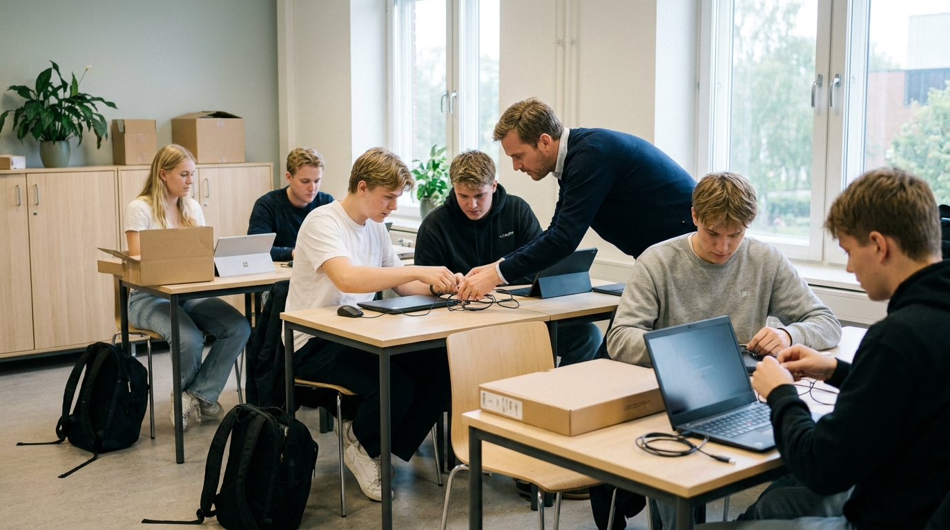 Elever sætter bærbare computere op ved semesterstart som del af IT-løsninger til undervisning