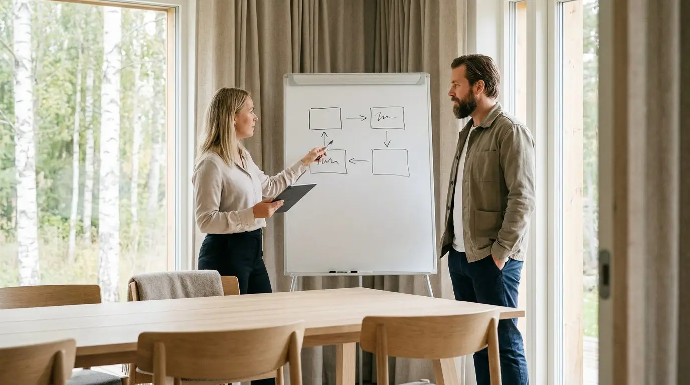 To kolleger gennemgår firetrinsmetoden til at beregne shadow IT-omkostninger på whiteboard