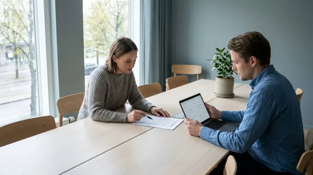 To fagpersoner forhandler en IT serviceaftale ved et bord i et lyst kontor