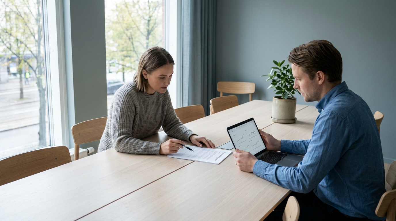 To fagpersoner forhandler en IT serviceaftale ved et bord i et lyst kontor