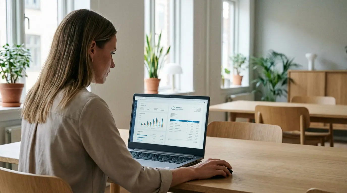 Medarbejder gennemgår cloud-service fakturaer på en bærbar computer.