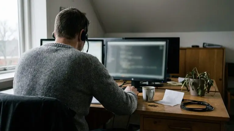IT-supporter med headset besvarer en kundehenvendelse fra et dansk kontor