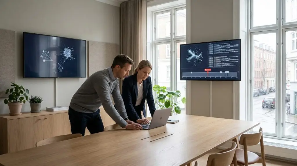 IT-medarbejdere håndterer et IT-sikkerhedsbrud i et roligt kontormiljø