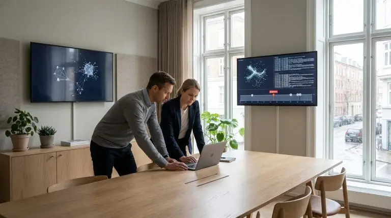 IT-medarbejdere håndterer et IT-sikkerhedsbrud i et roligt kontormiljø