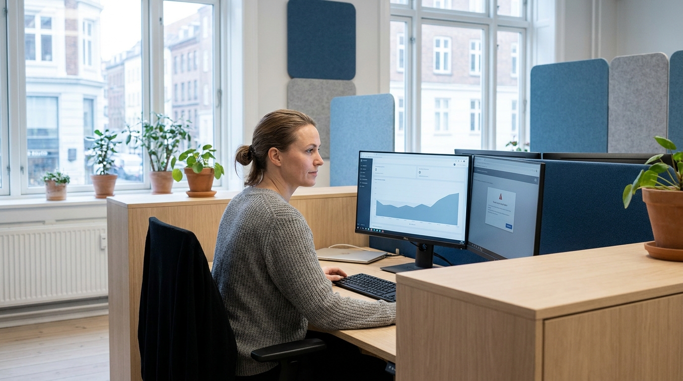 Helpdesk-medarbejder arbejder med IT-sikkerhed på kontor