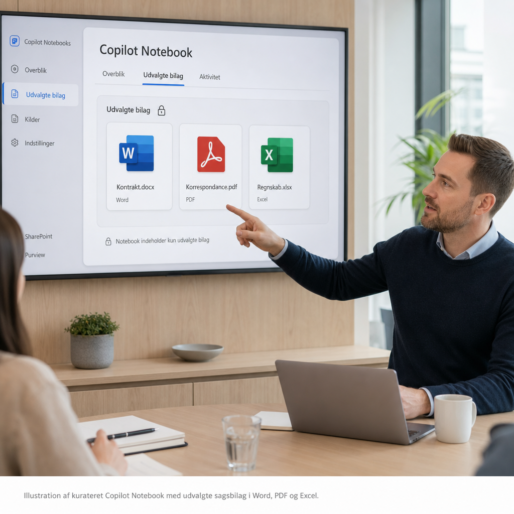 Illustration af kurateret Copilot Notebook med udvalgte sagsbilag i Word, PDF og Excel