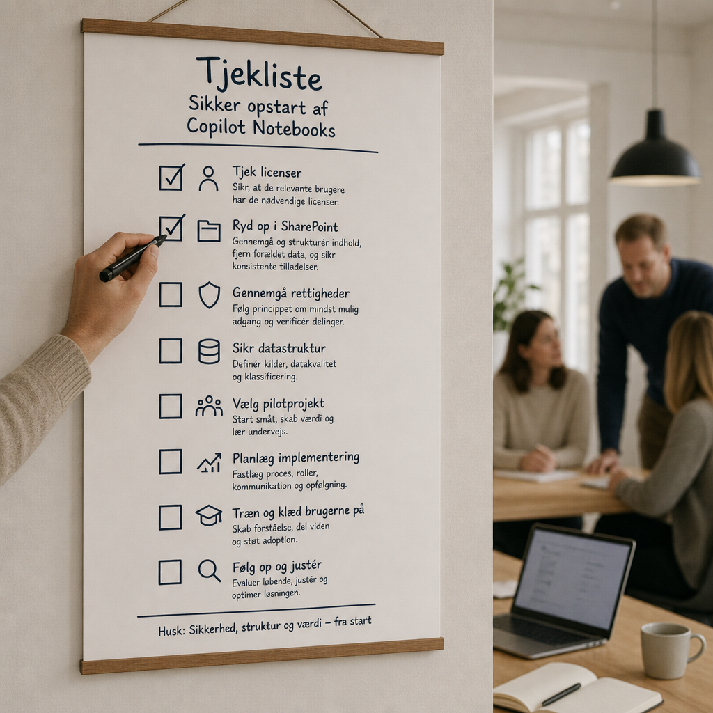 Tjekliste til sikker opstart af Microsoft 365 Copilot Notebooks med fokus på licenser, rettigheder og datastruktur