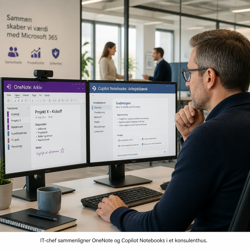 Skematisk oversigt over OneNote som arkiv og Copilot Notebooks som AI-arbejdsbænk