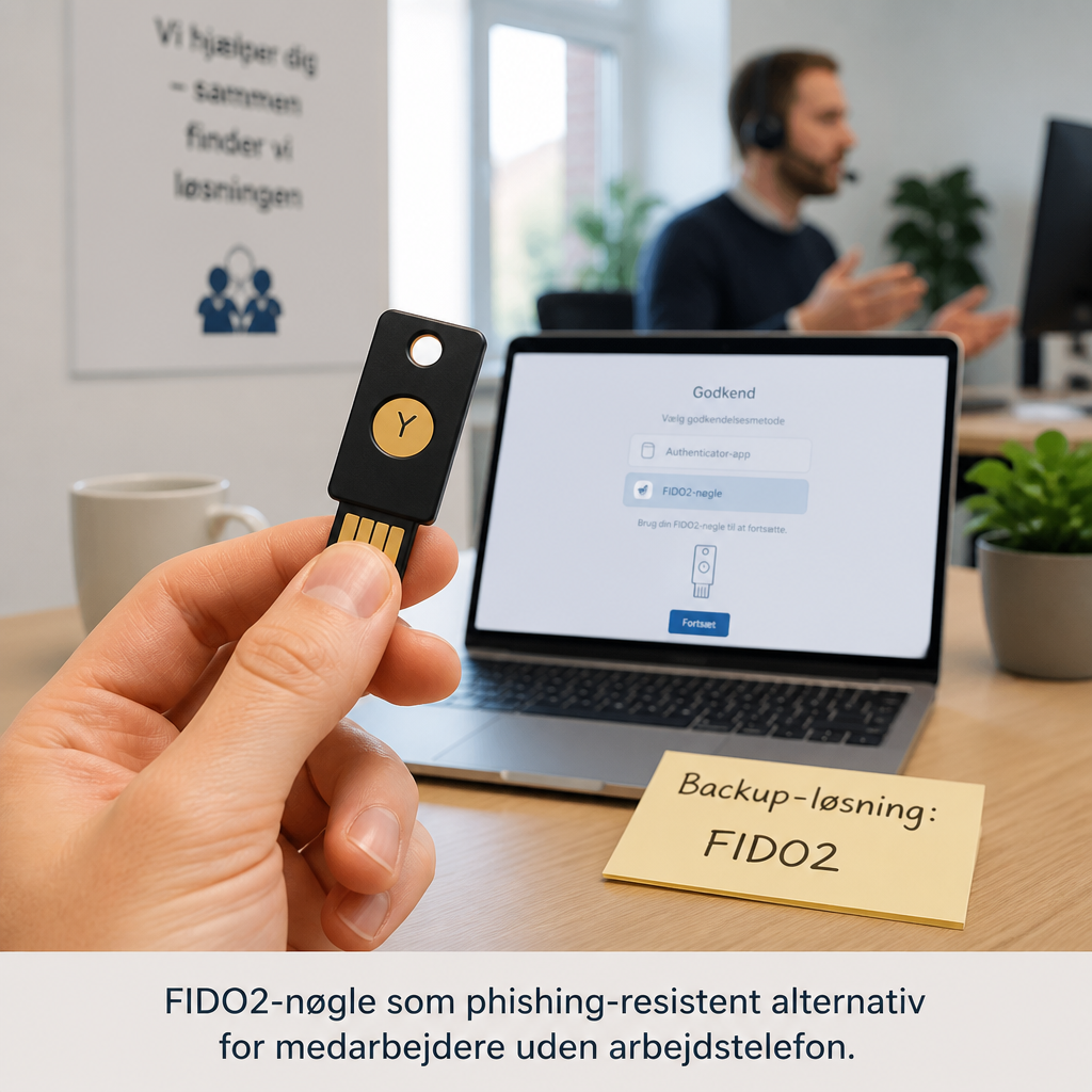 FIDO2 sikkerhedsnøgle som alternativ til Authenticator-app for medarbejdere uden arbejdstelefon