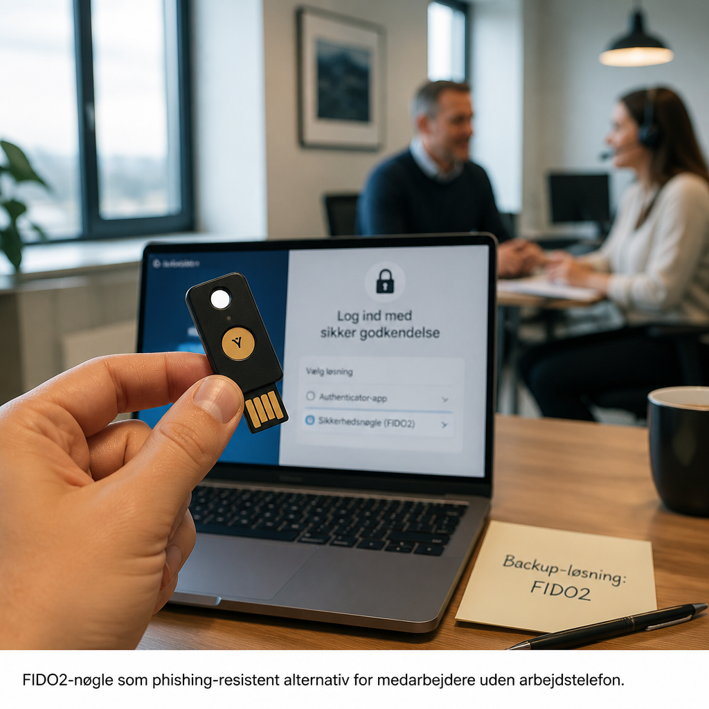 FIDO2 sikkerhedsnøgle som alternativ til Authenticator-app for medarbejdere uden arbejdstelefon