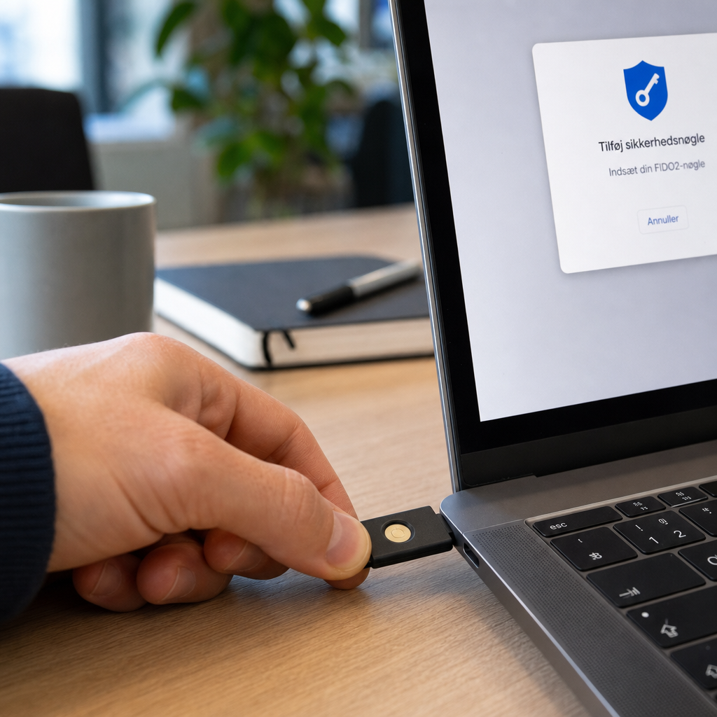 FIDO2-sikkerhedsnøgle sat i bærbar computer som alternativ til SMS-godkendelse