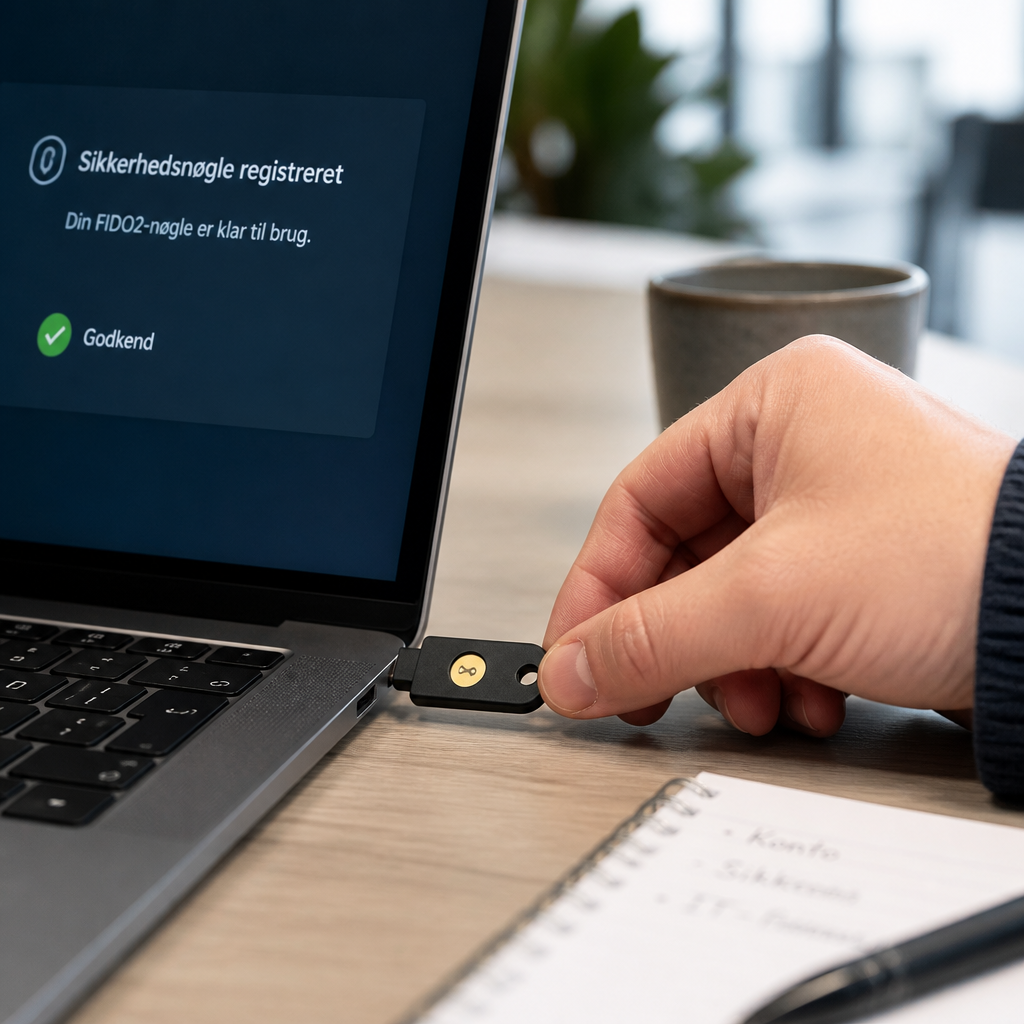 FIDO2-sikkerhedsnøgle sat i bærbar computer som alternativ til SMS-godkendelse