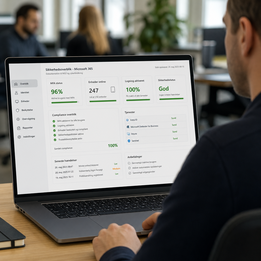 Dashboard i Microsoft 365 der dokumenterer MFA og sikkerhedsstatus til NIS2 og cyberforsikring