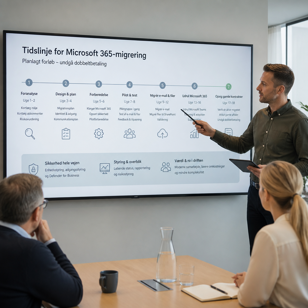 Tidslinje for Microsoft 365 migrering hvor gamle systemer opsiges i takt med udrulning