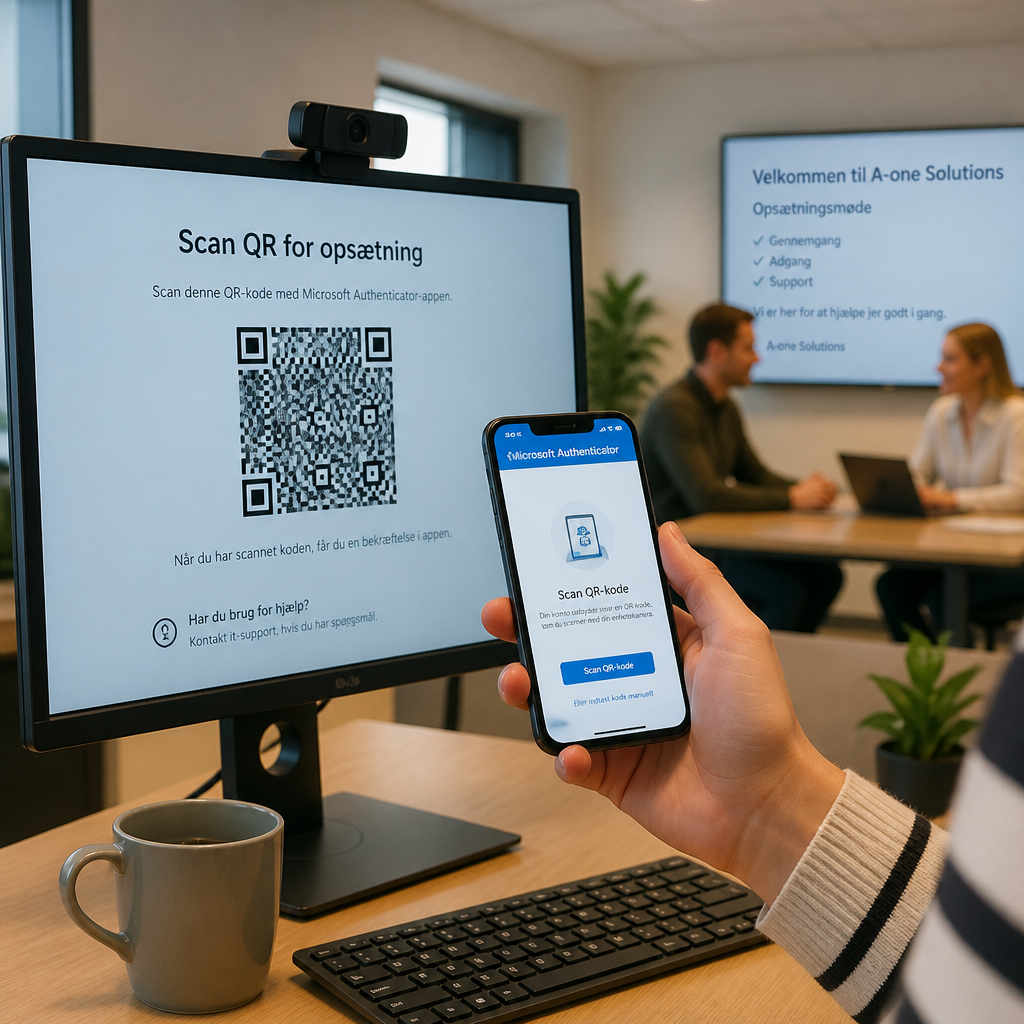 Medarbejder scanner QR-kode med Microsoft Authenticator på mobil under udrulning i SMV