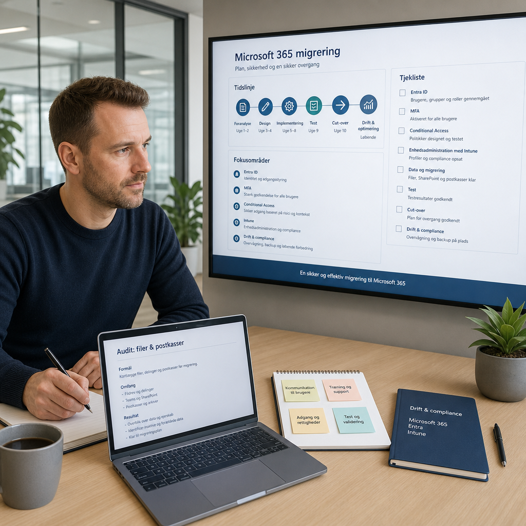 IT-chef planlægger migrering til Microsoft 365 med tidslinje og tjekliste på skærm