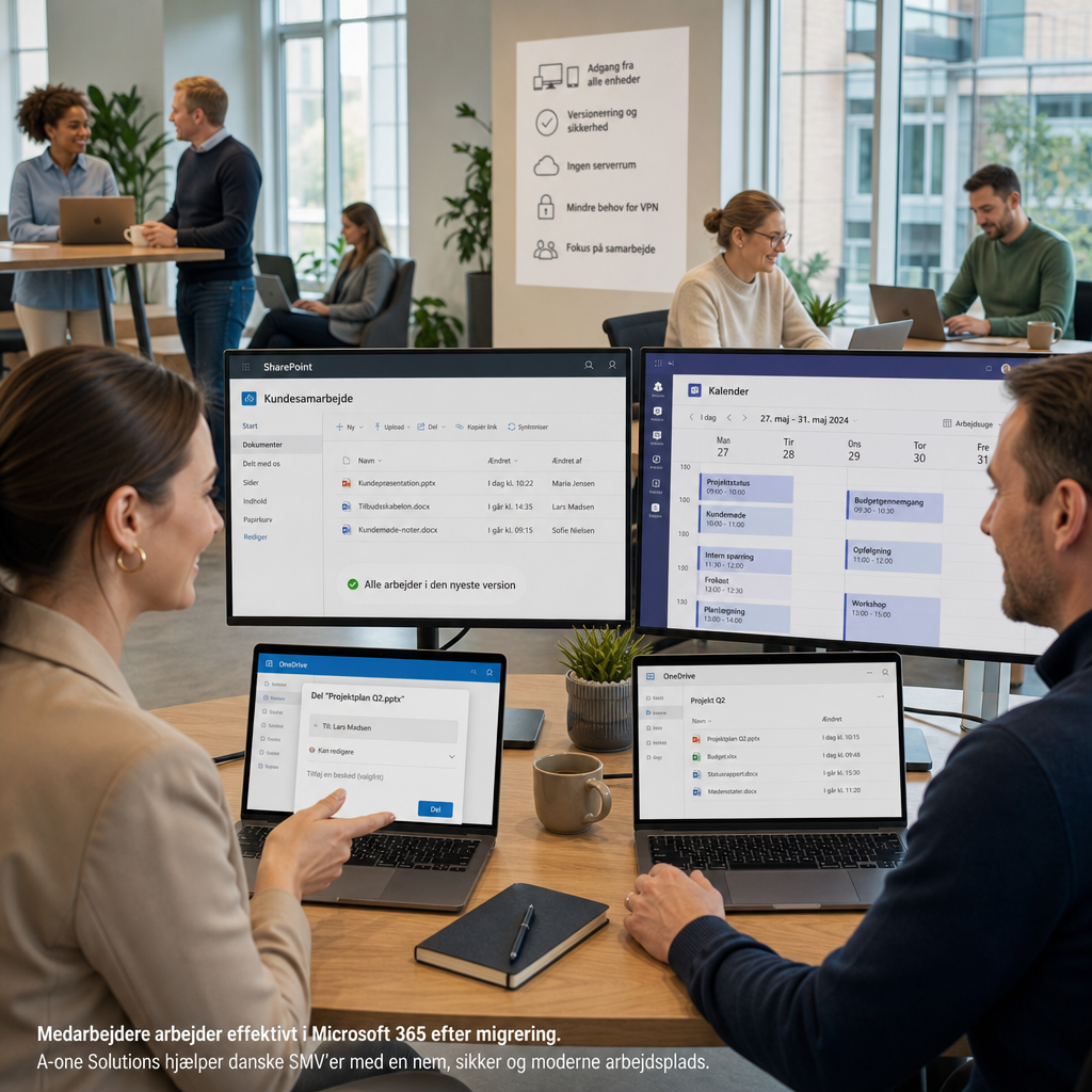 Medarbejdere arbejder i Microsoft 365 efter migrering fra lokal filserver