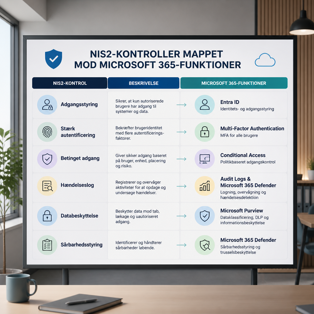 Oversigt over NIS2-kontroller mappet mod Microsoft 365-funktioner