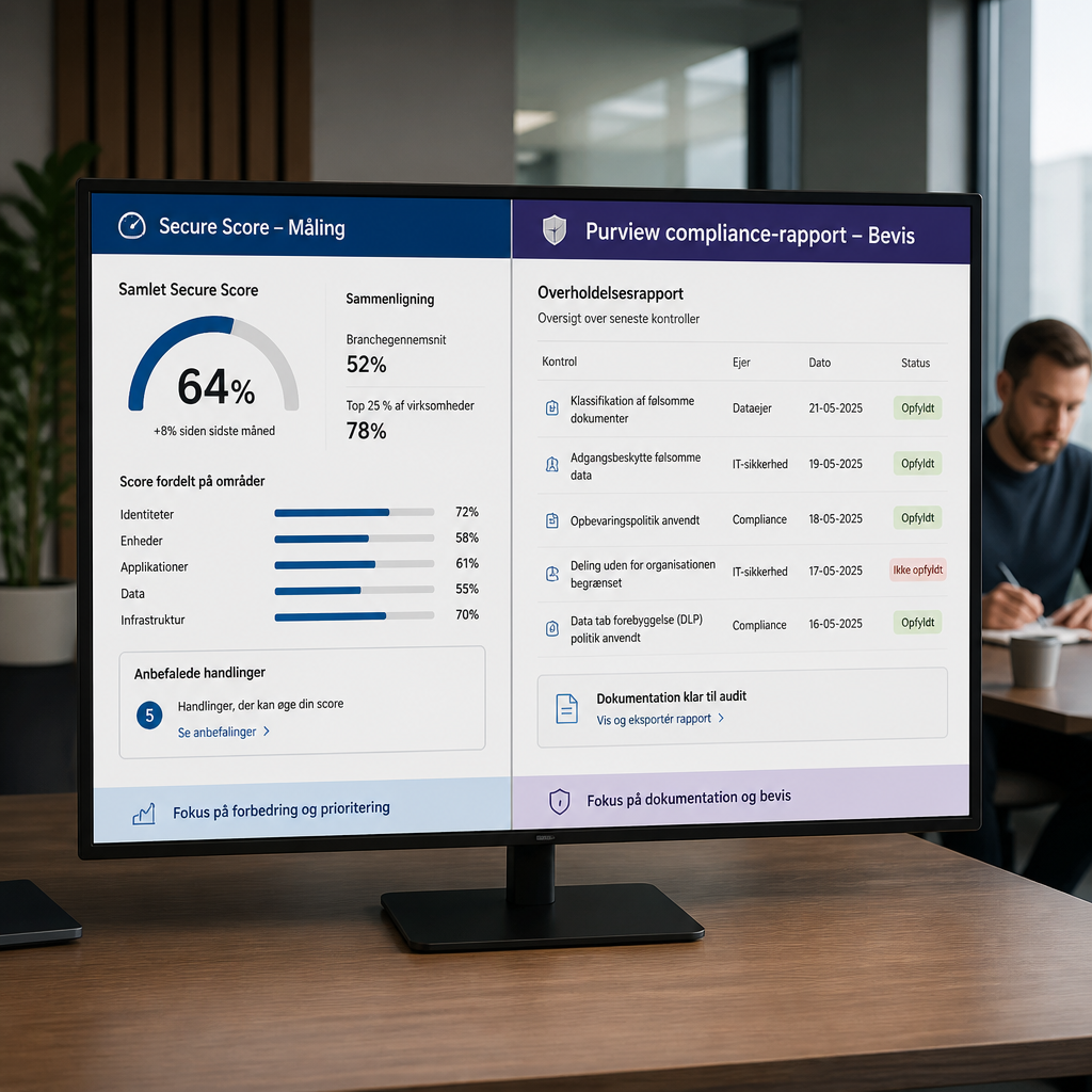Sammenligning af Secure Score og Purview compliance-rapport på skærm