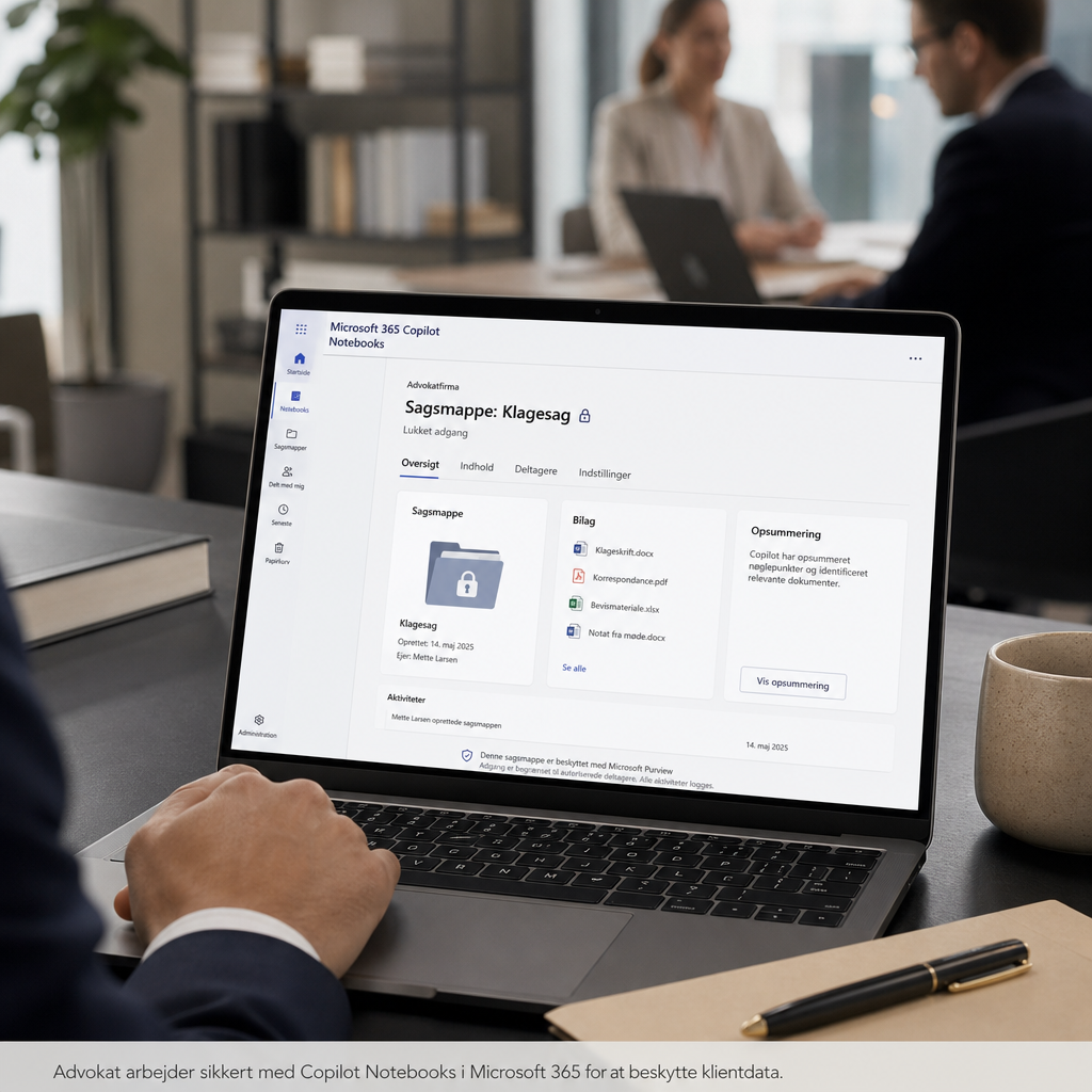 Advokat arbejder med sikker digital sagsmappe i Microsoft 365 Copilot Notebooks på laptop