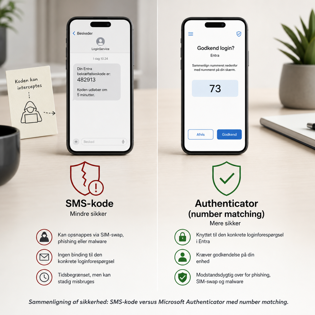 Sammenligning af SMS-kode og Microsoft Authenticator med number matching