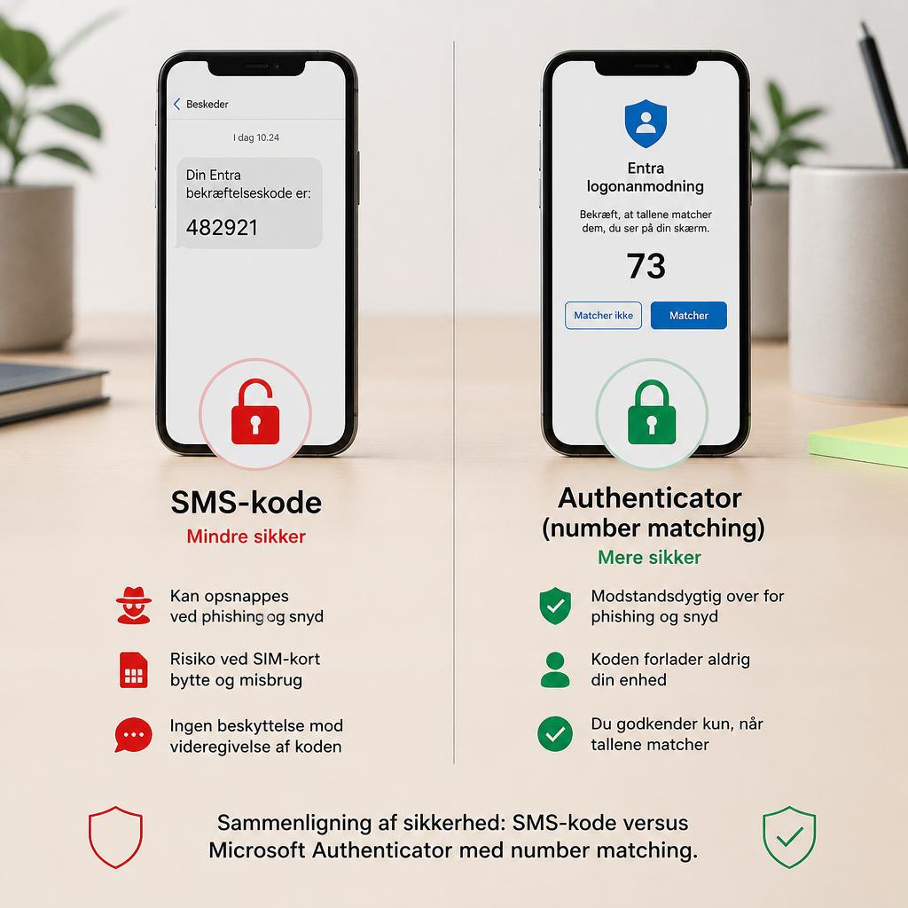 Sammenligning af SMS-kode og Microsoft Authenticator med number matching