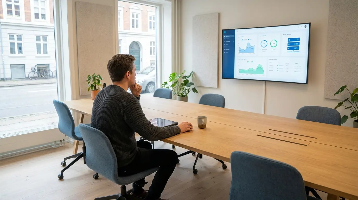 IT-medarbejder overvåger netværk og systemer i et moderne dansk kontor som del af den daglige IT-drift