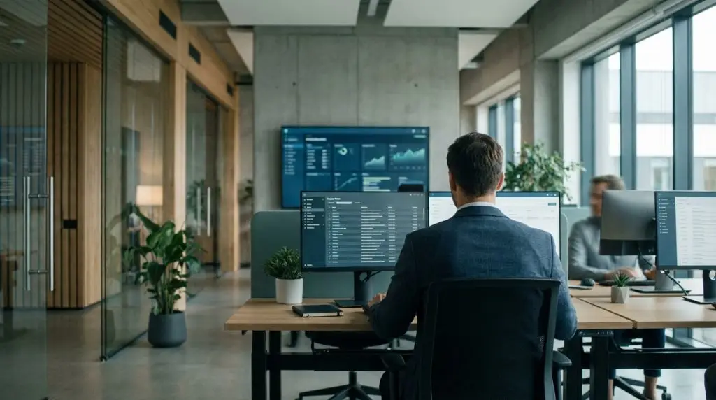 IT-supporter løser sager i helpdesk-systemet på to skærme i et kontormiljø