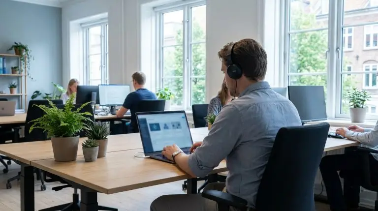 IT-supportmedarbejder arbejder fokuseret med kommunikation mellem IT helpdesk og kollegaer på skærmen