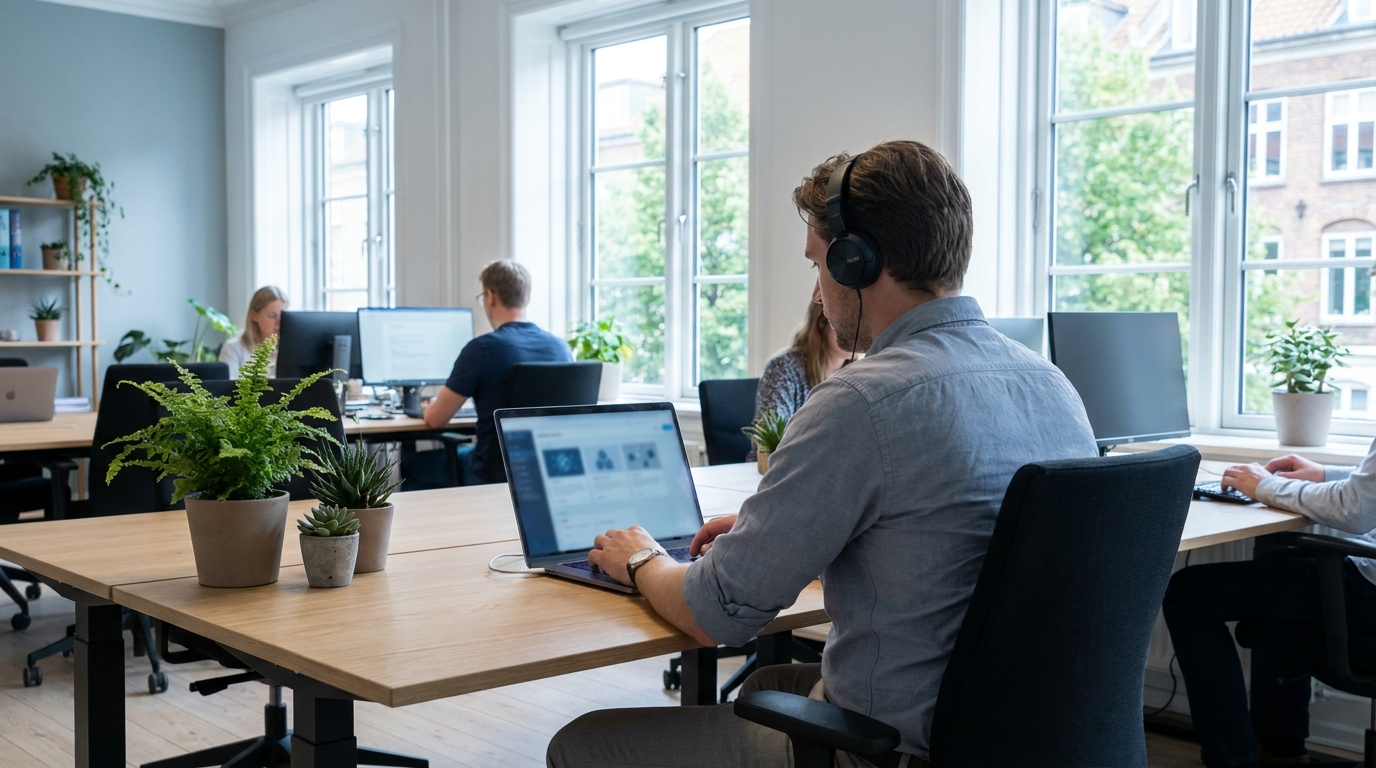 IT-supportmedarbejder arbejder fokuseret med kommunikation mellem IT helpdesk og kollegaer på skærmen