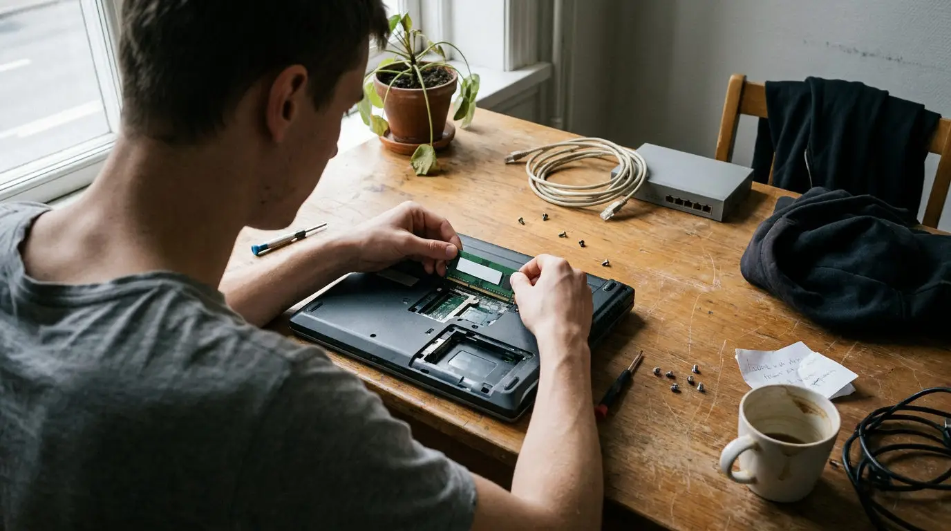 IT-supporter elev monterer et RAM-modul i en bærbar computer på værkstedsbordet