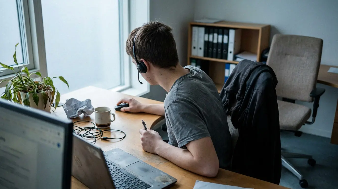 IT-supporter elev med headset løser en supportsag ved skrivebordet