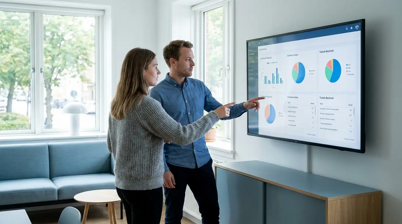 Leder og IT-medarbejder gennemgår statistik over almindelige IT problemer på helpdesk-dashboard
