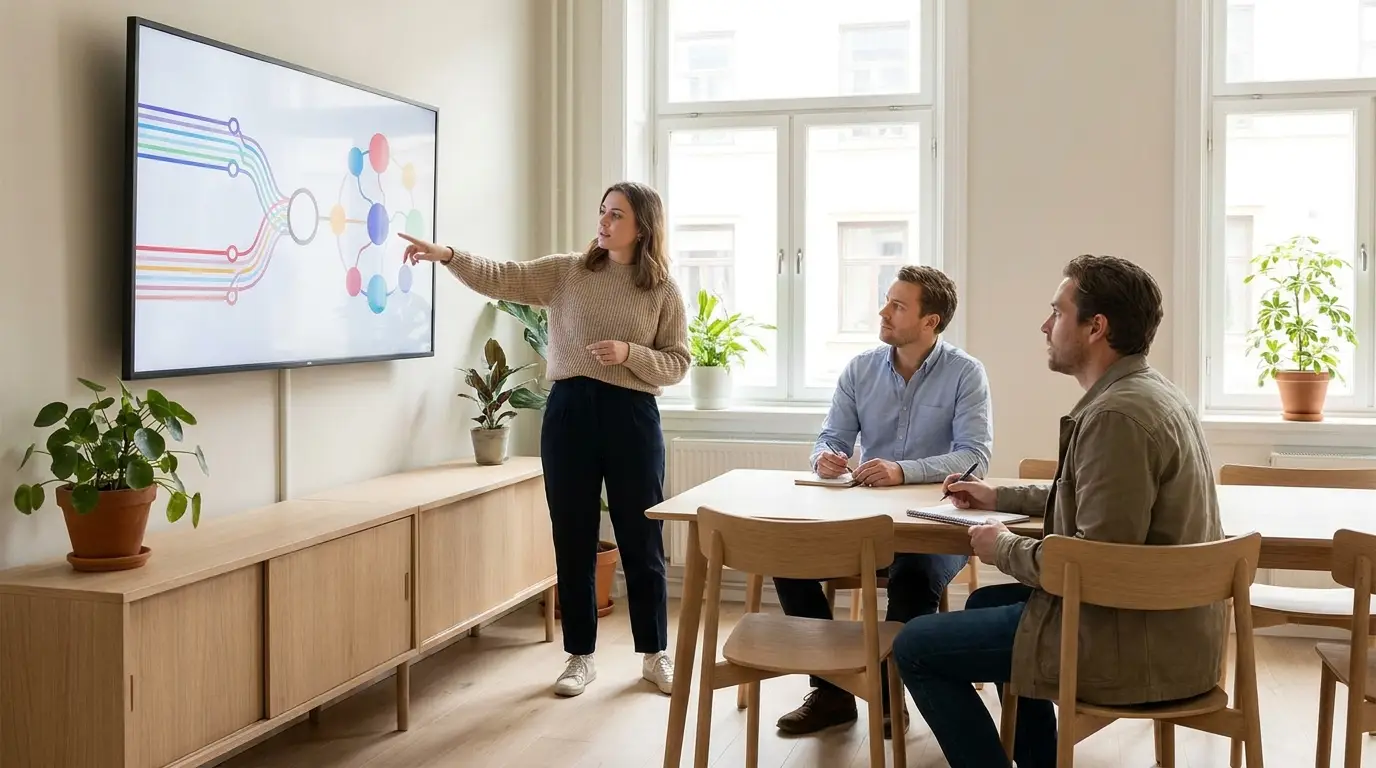 IT-team drøfter leverandørkrav og kontraktklausuler i et moderne mødelokale