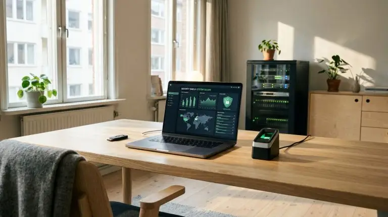 Moderne kontormiljø med fokus på IT-sikkerhedsværktøjer.